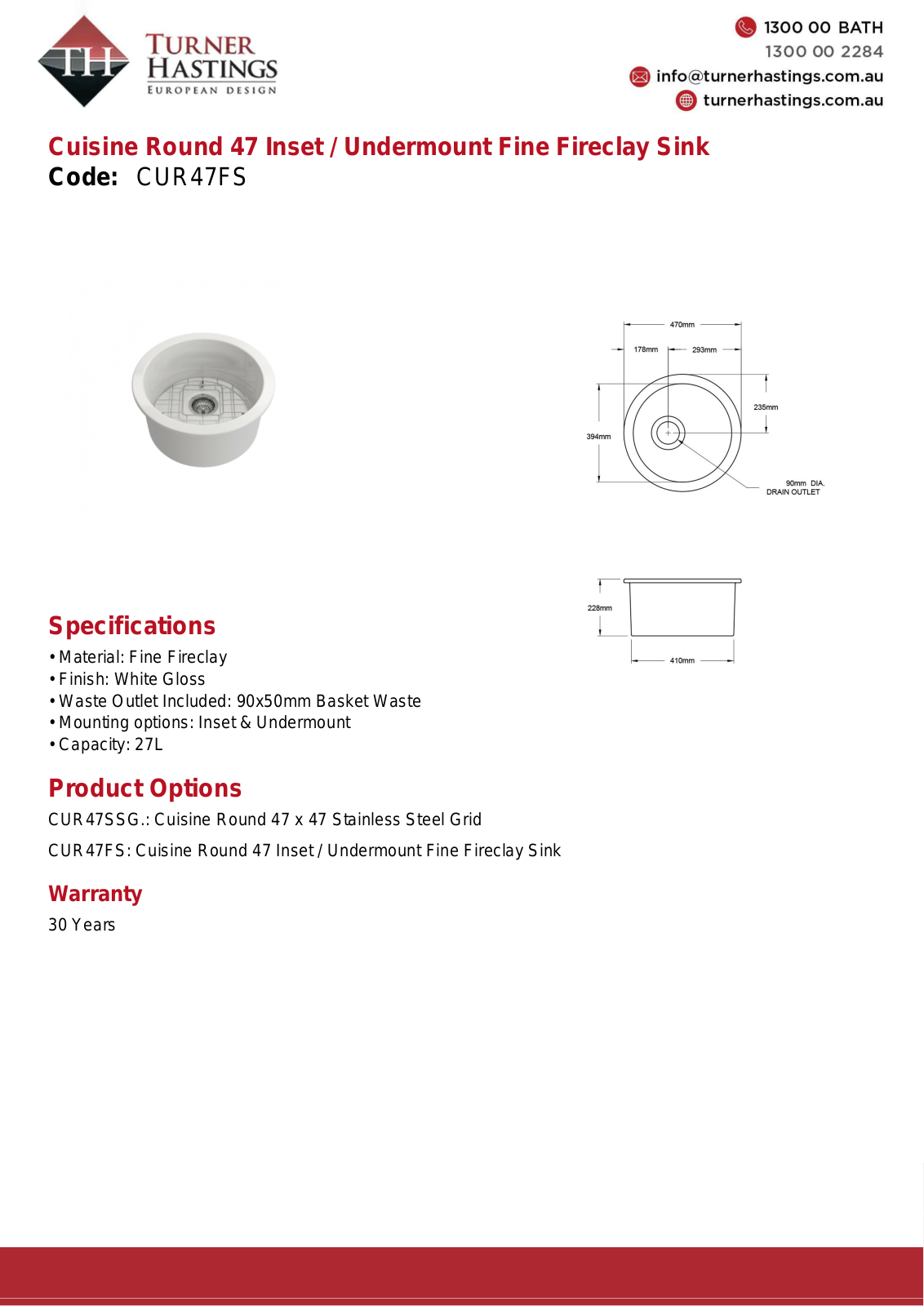 Turner Hastings CUR47FS Specifications Sheet