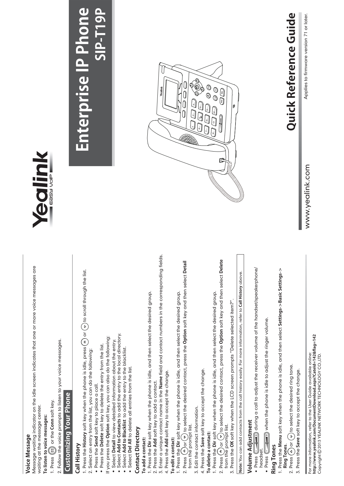 Yealink SIP-T19P Quick Reference Guide