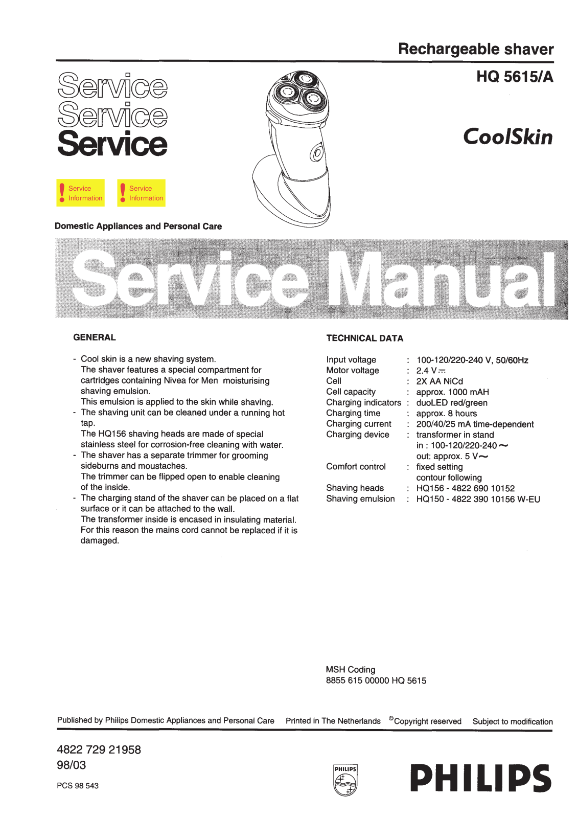 Philips HQ5615A Service Manual