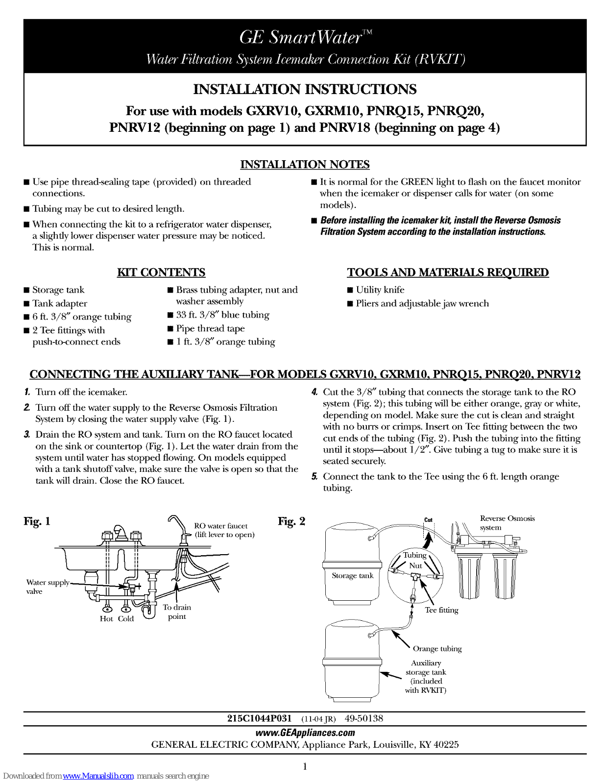 GE SmartWater GXRM10, SmartWater GXRV10, SmartWater PNRQ15, SmartWater PNRQ20, SmartWater PNRV12 Installation Instructions Manual - ManualMachine.com