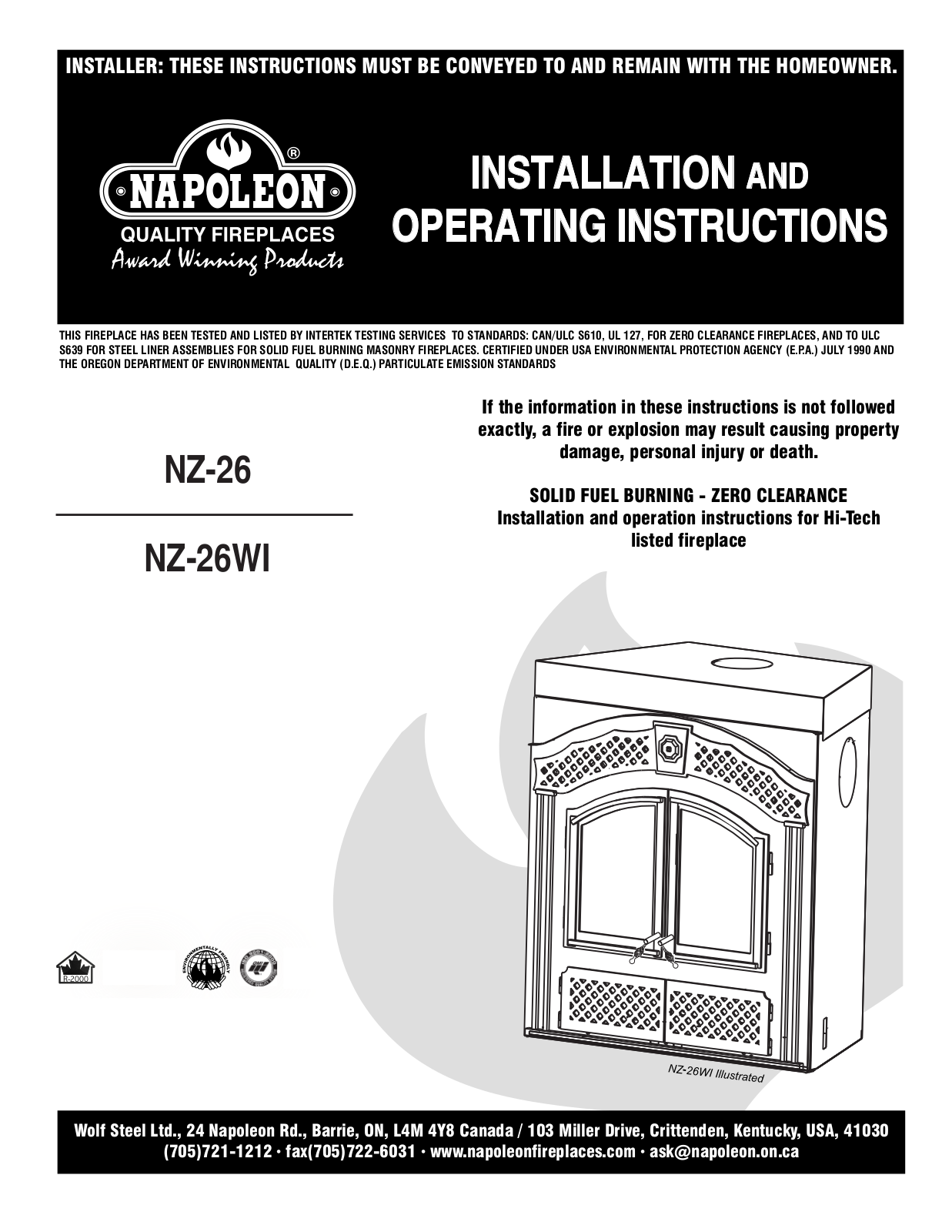 Napoleon Fireplaces NZ-26WI User Manual