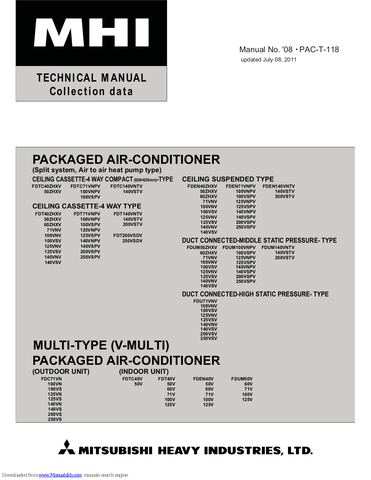 Mitsubishi Heavy Industries FDT40ZHXV, FDTC71VNPV, FDT50ZHXV, FDT60ZHXV, FDT71VNV Technical Manual