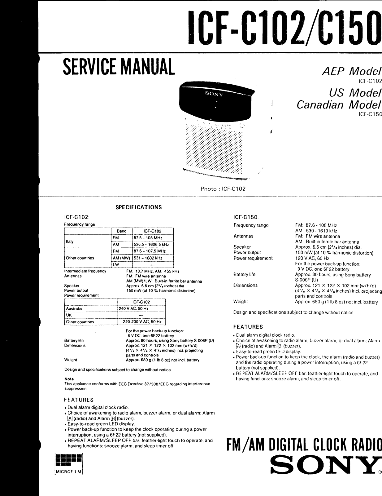 Sony ICFC-102 Service manual
