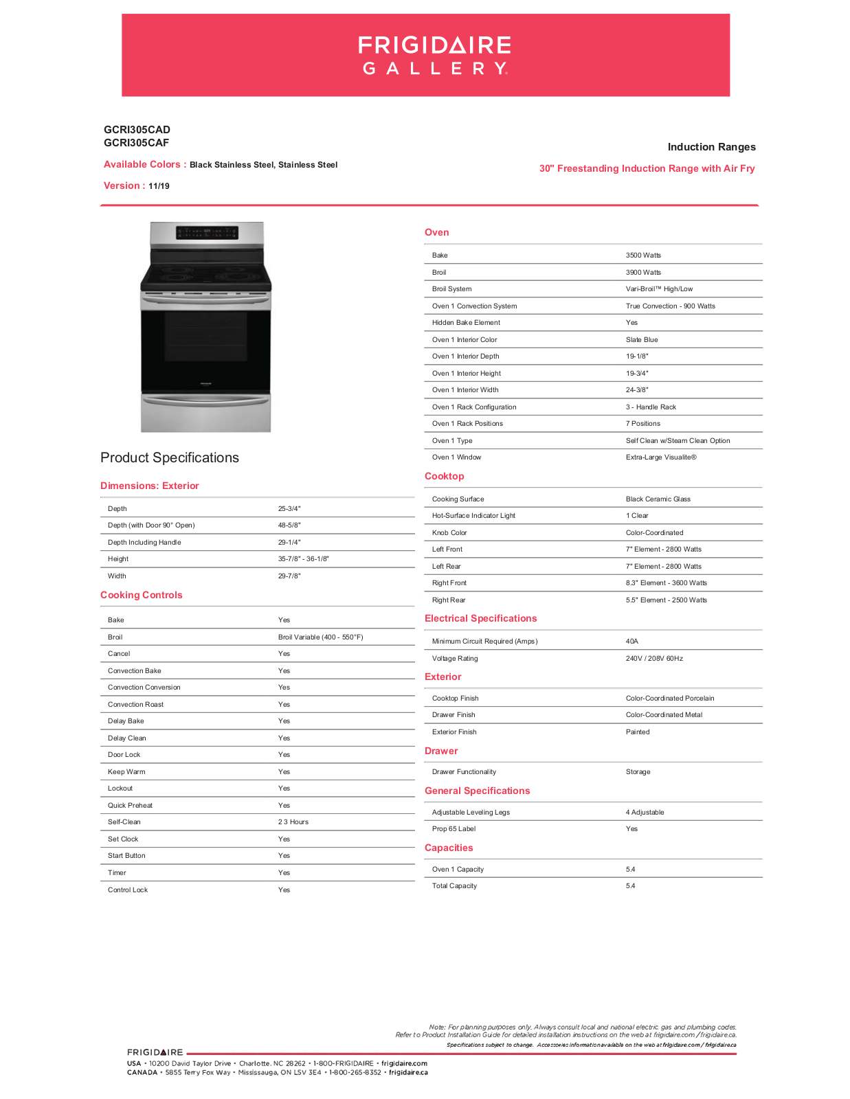 Frigidaire GCRI305CAF, GCRI305CAD PRODUCT SPECIFICATIONS