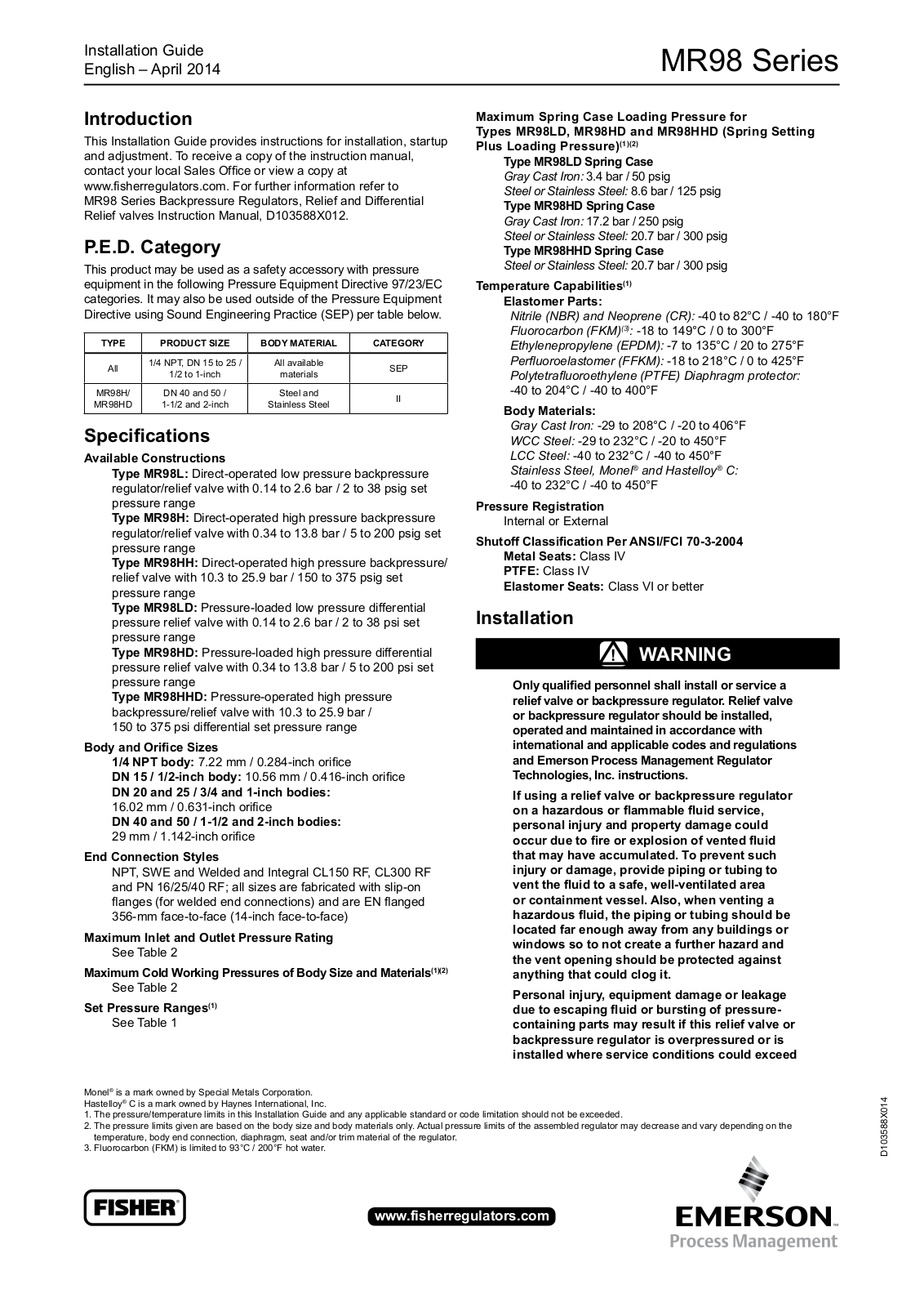 Emerson MR98 Installation Guide