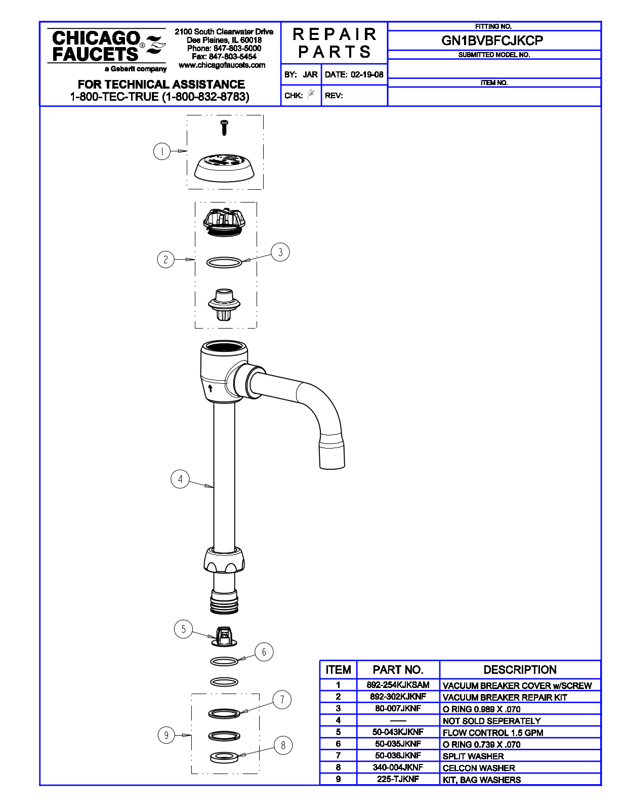 Chicago Faucet GN1BVBFCJKCP Parts List