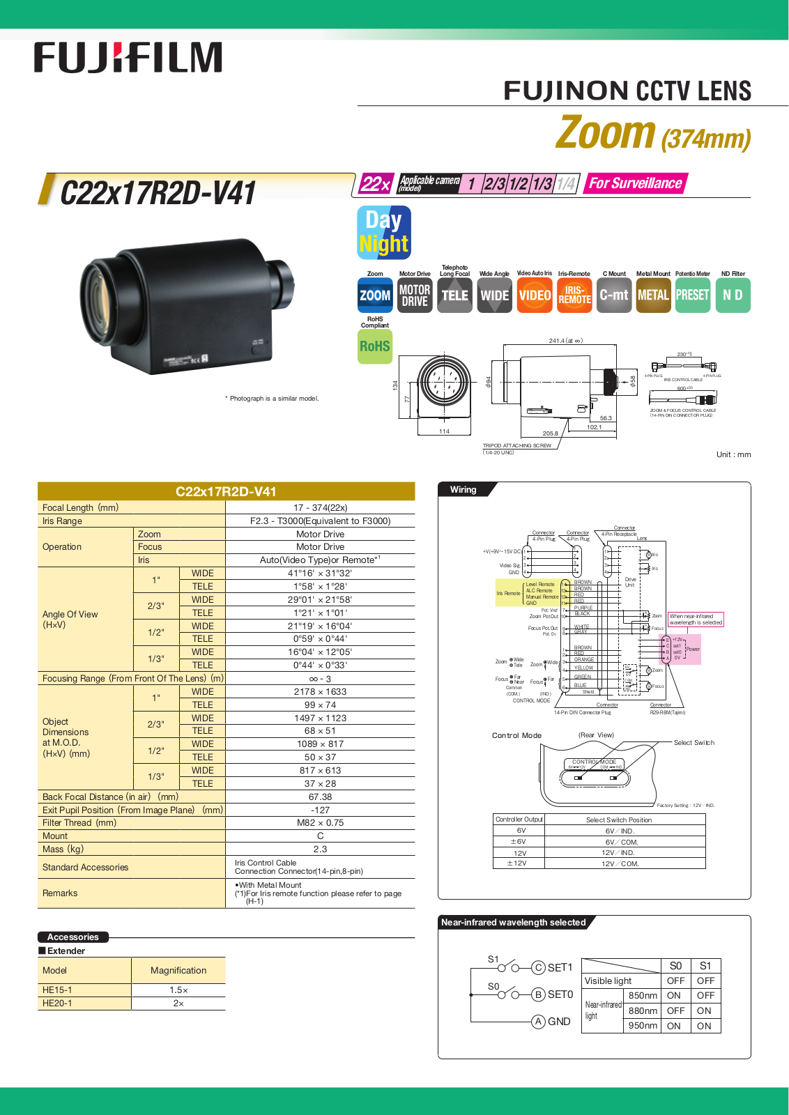 Fujinon C22x17R2D-V41 Specsheet