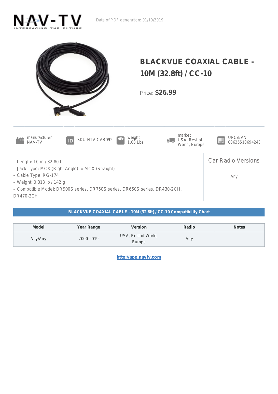 NAV-TV CC-10 Specification Sheet