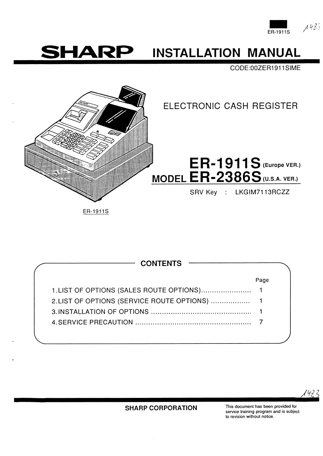Sharp ER-1911S, ER-2386S Installation Manual - ManualMachine.com