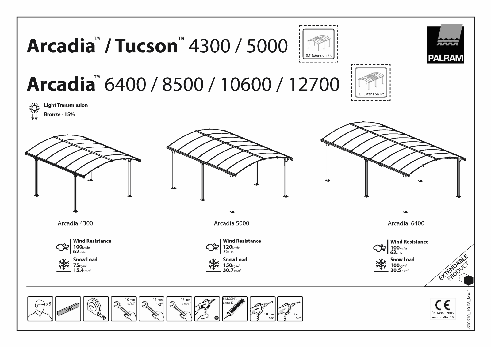 Palram Arcadia 4300, Tucson 4300, Arcadia 8500, Arcadia 5000, Arcadia 12700 Assembly  Manual - ManualMachine.com