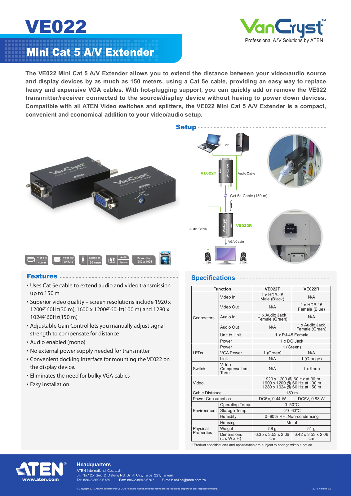 ATEN VE022, VE022T, VE022R Specification