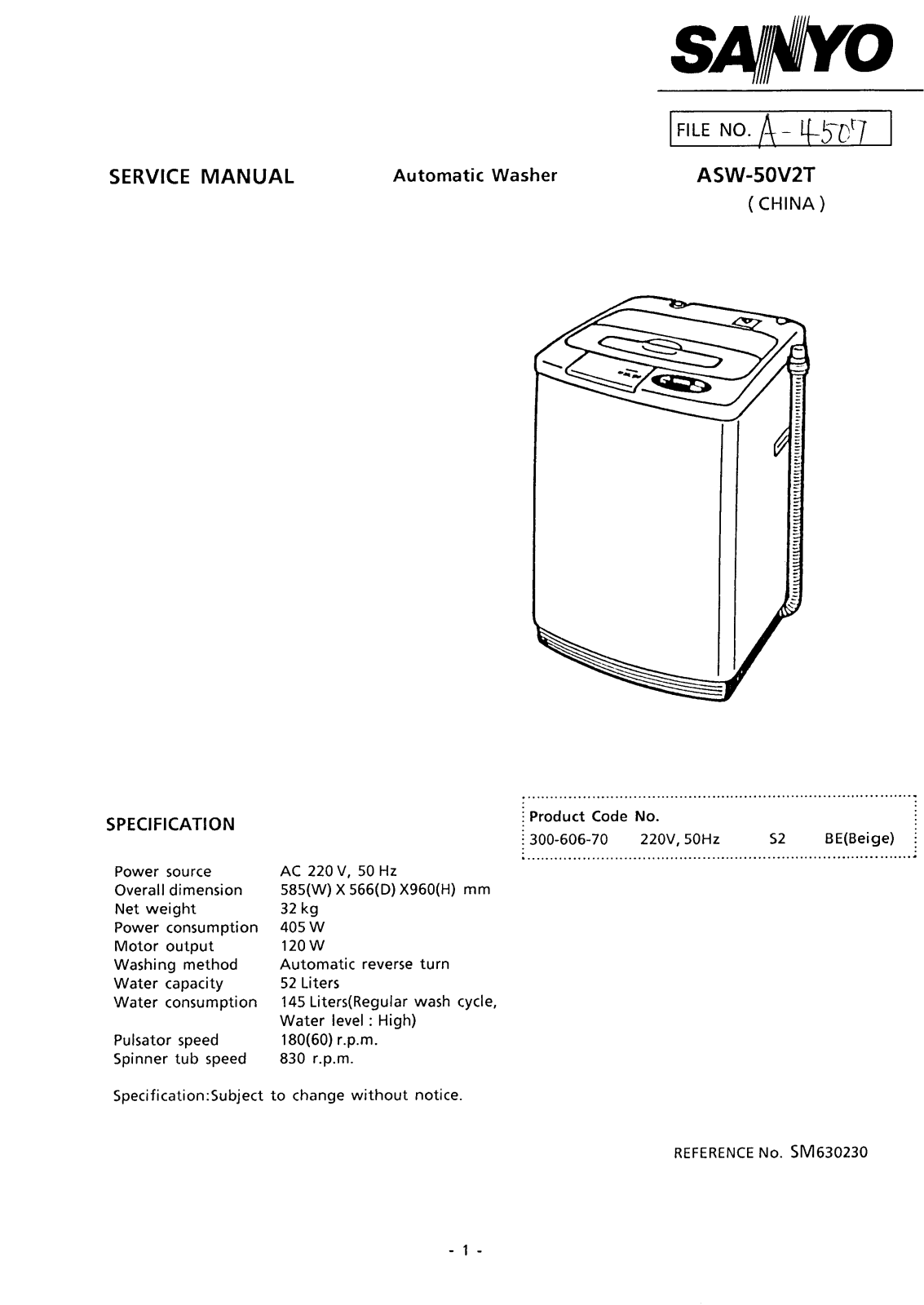 Sanyo ASW-50V2T Service Manual