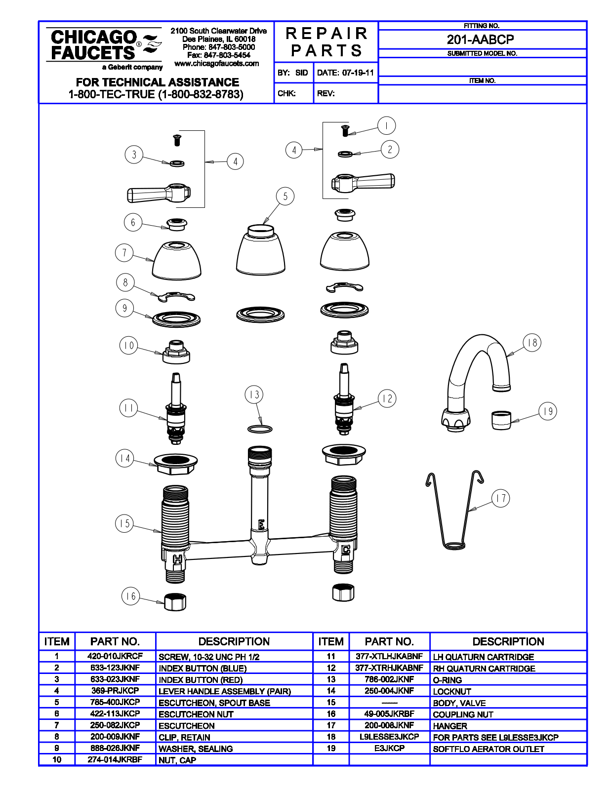 Chicago Faucet 201-AABCP Parts List