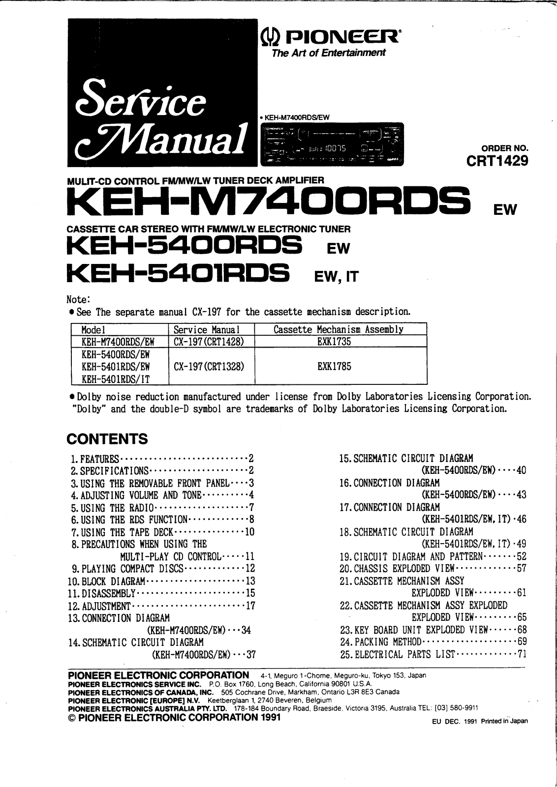 Pioneer KEH-M5400RDS, KEH-M7400RDS User Manual