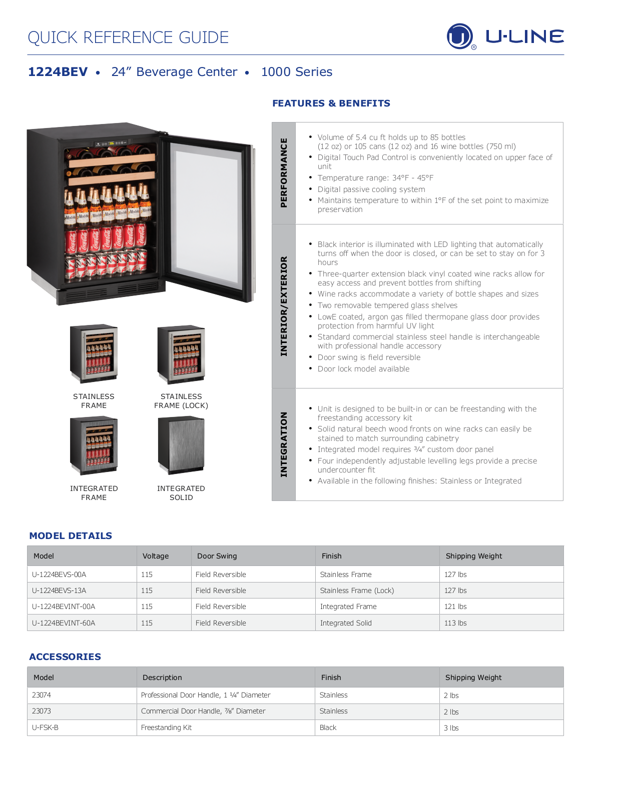 U-Line U-1224BEVS-00A, U-1224BEVS-13A, U-1224BEVINT-60A Specification Sheet