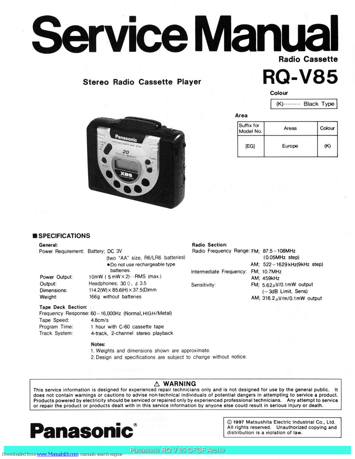 Panasonic RQ-V85 Service Manual