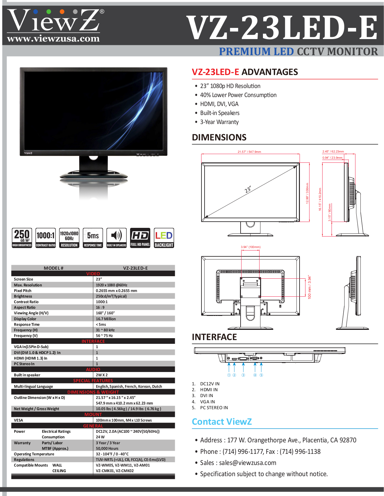 ViewZ VZ-23LED-E Specsheet