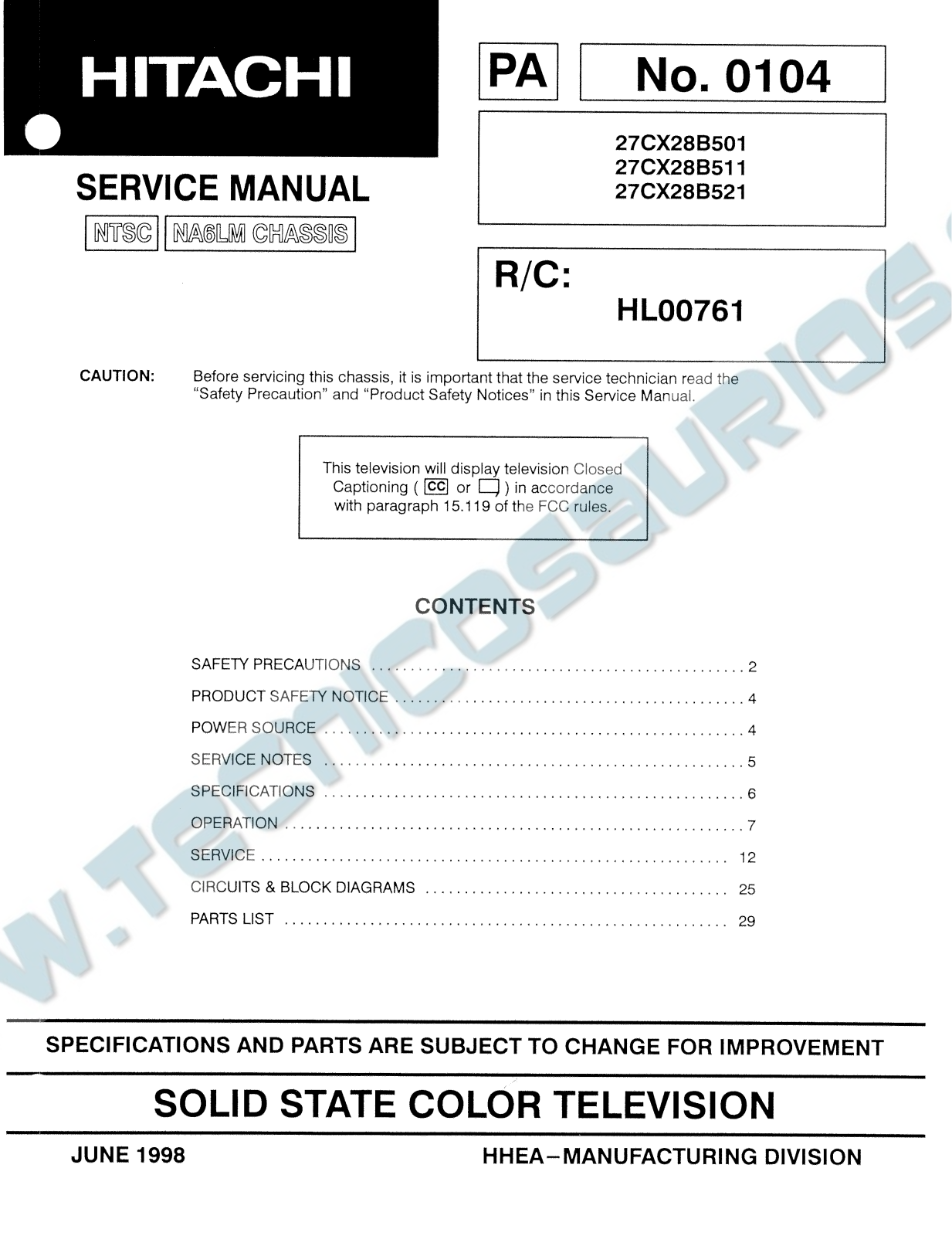 HITACHI 27CX28B501 Diagram