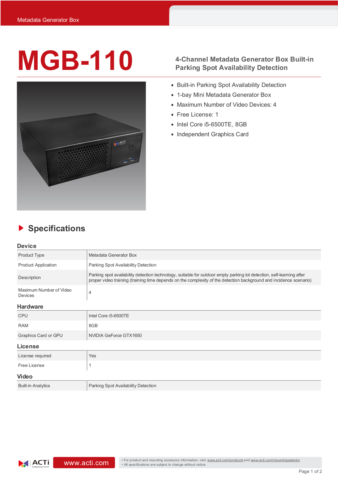 ACTi MGB-110 Specsheet