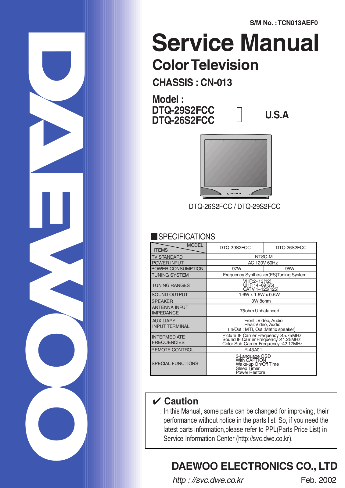 DAEWOO DTQ-29S2FCC, DTQ-26S2FCC Service Manual