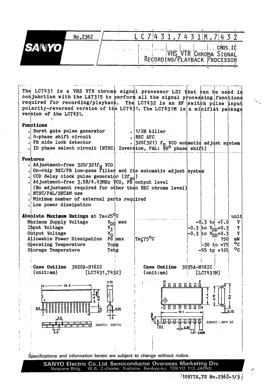 Sanyo LC7431M Specifications