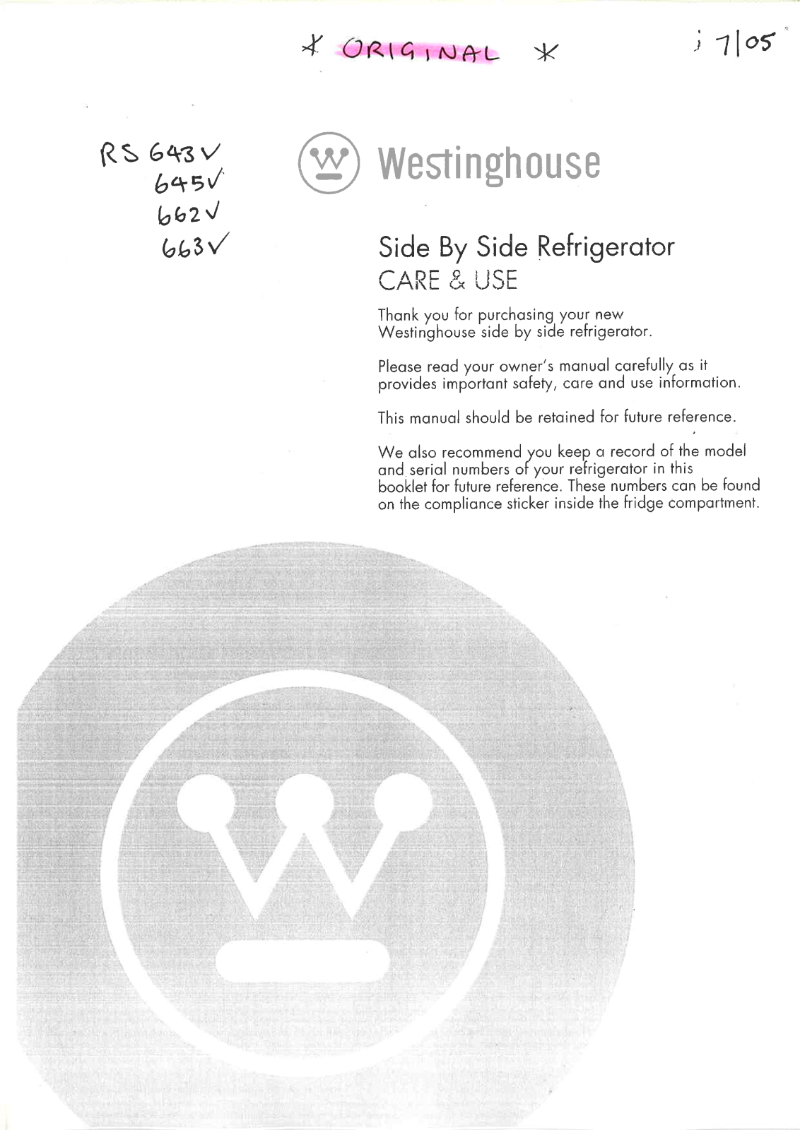 Westinghouse RS645V User Manual