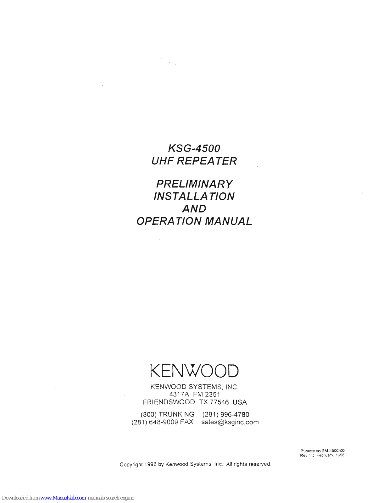 Kenwood KSG-4500 Preliminary Installation And Operation Manual