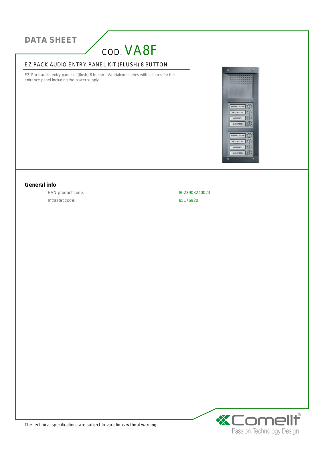 Comelit VA8F Specsheet