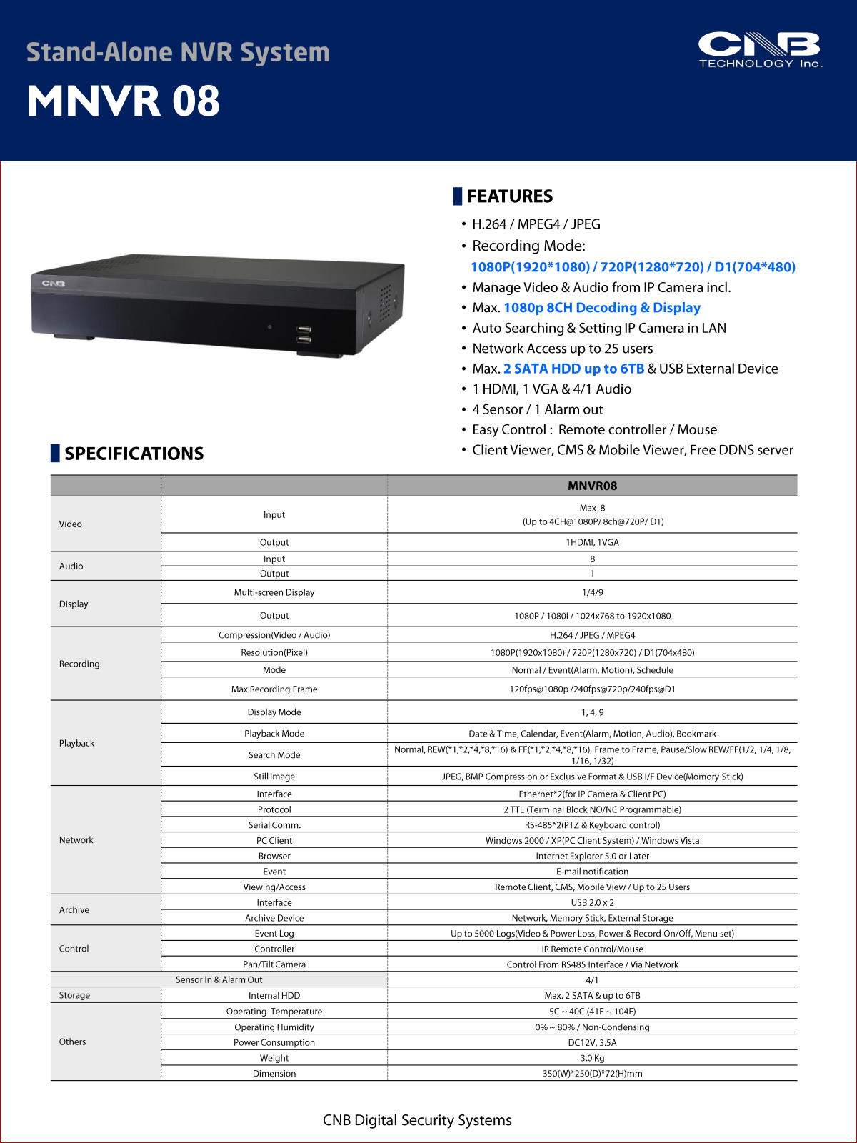 CNB MNVR08 Specsheet