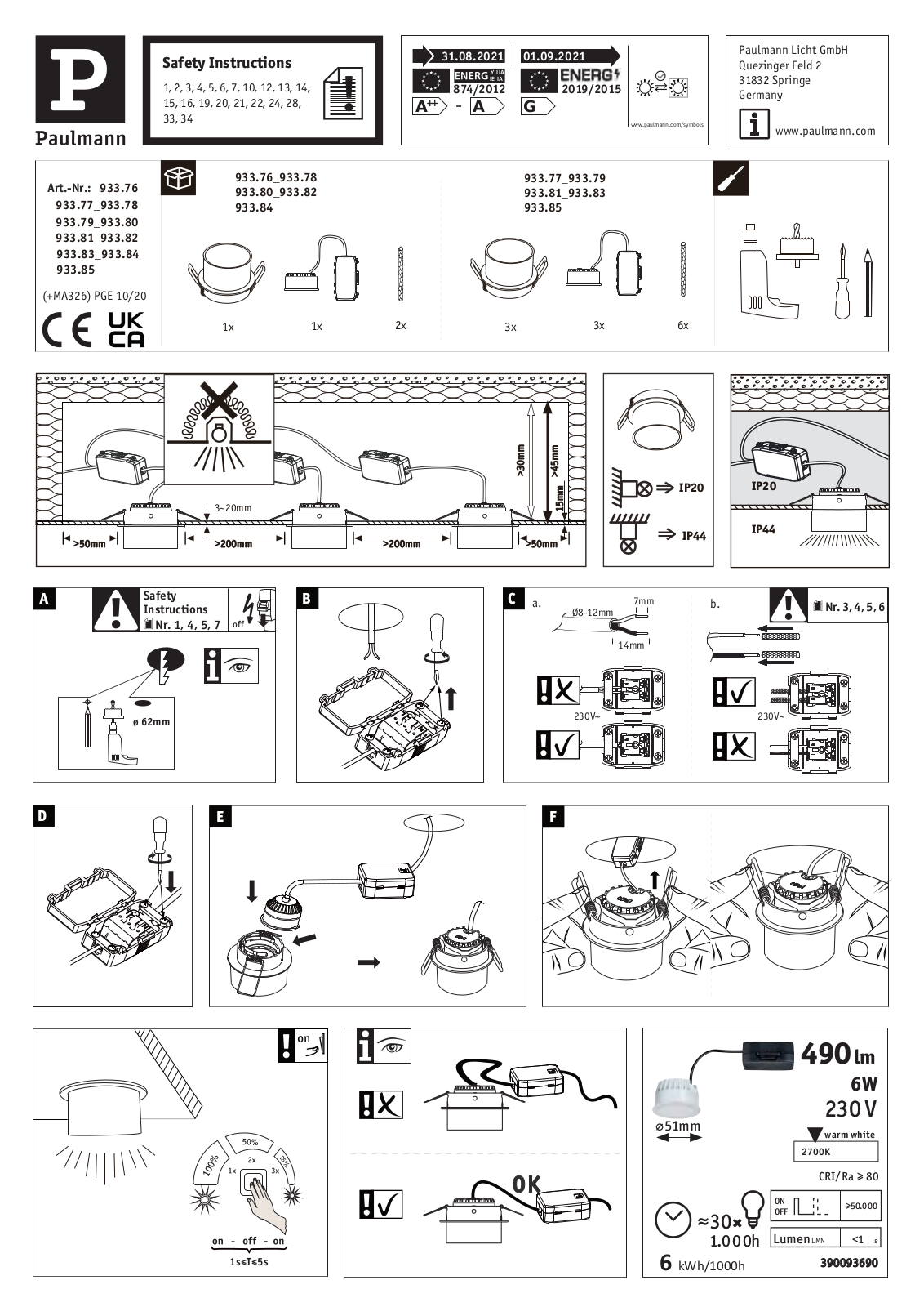 Paulmann 93382, 93385, 93381, 93378, 93376 Installation manual