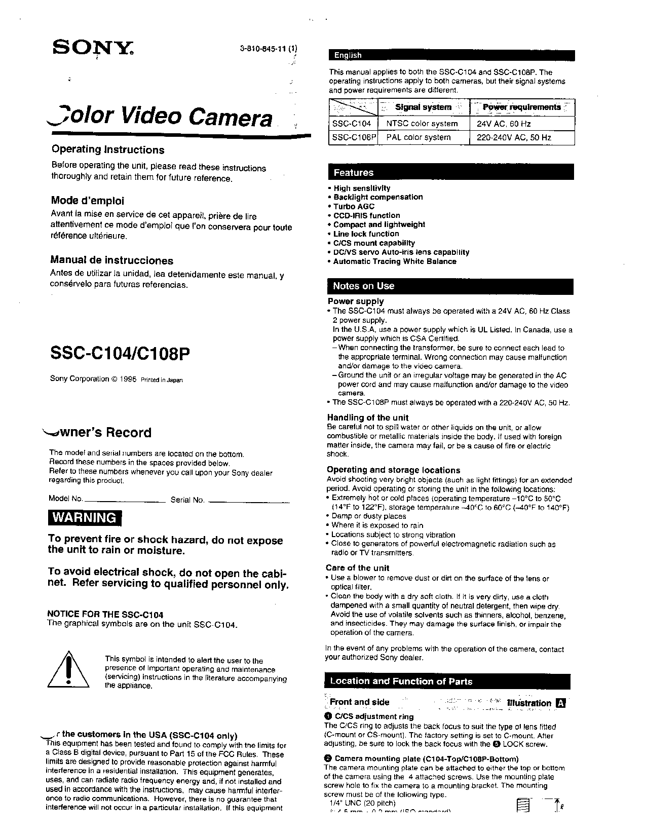 Sony SSC-C104, SSC-C108P User Manual