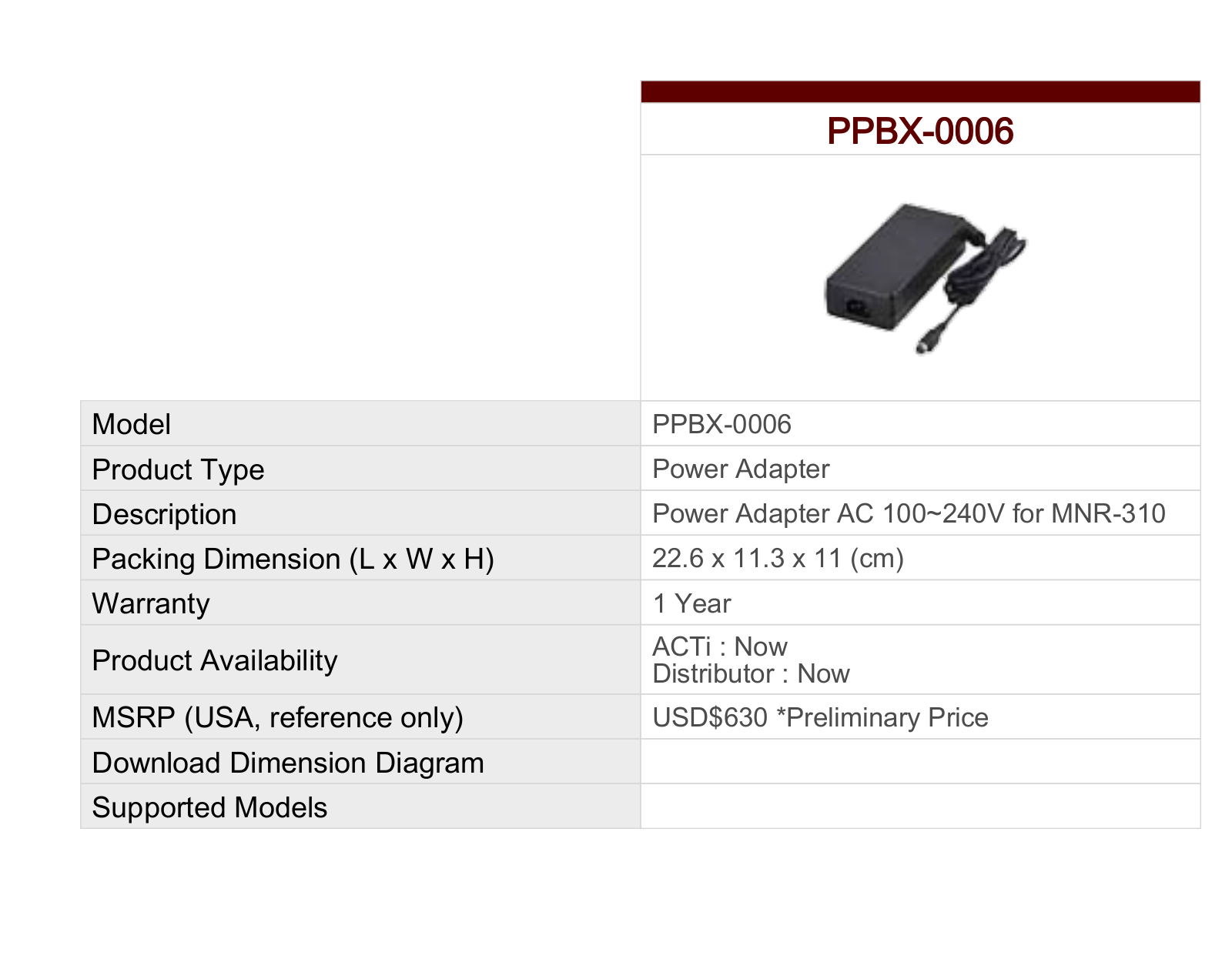 ACTi PPBX-0006 Specsheet