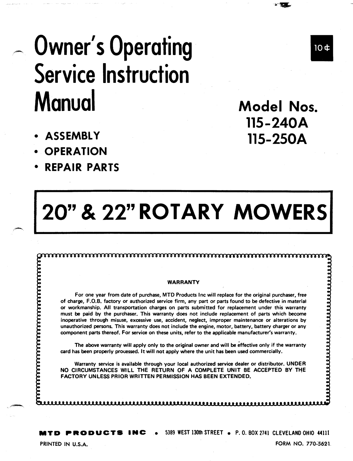 MTD 115-250A, 115-240A User Manual