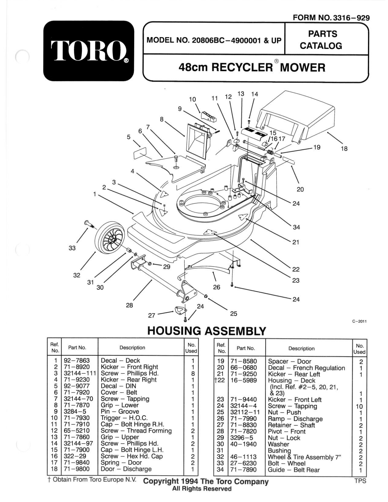 Toro 20806BC Parts Catalogue