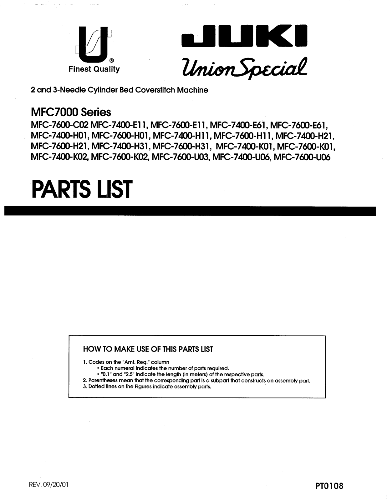 Union Special MFC7400-E11, MFC7400-E61, MFC7400-H01, MFC7400-H11, MFC7400-H21 Parts List