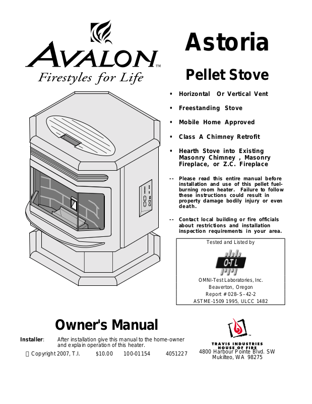 Avalon Stoves Avalon Pellet Stove Astoria PS User Manual