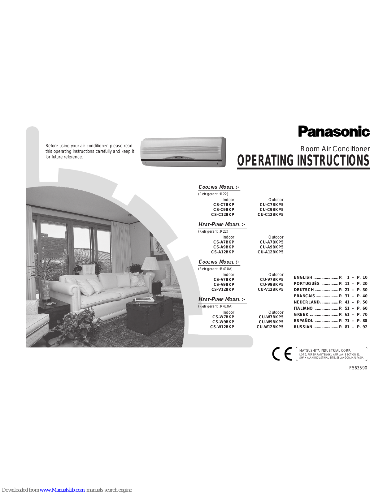 Panasonic CS-C9BKP, CU-C7BKP5, CU-C12BKP5, CS-A7BKP, CU-A7BKP5 Operating Instructions Manual