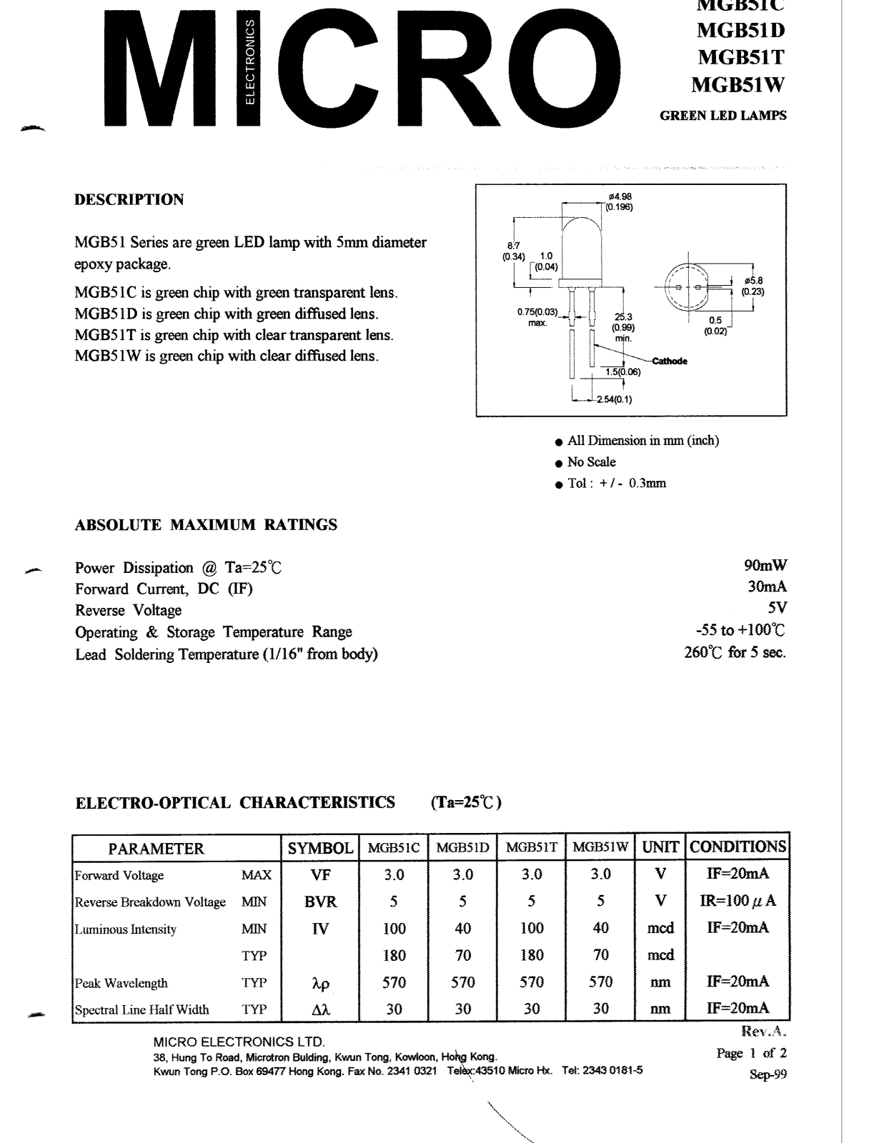 MICRO MGB51C, MGB51W, MGB51T, MGB51D Datasheet