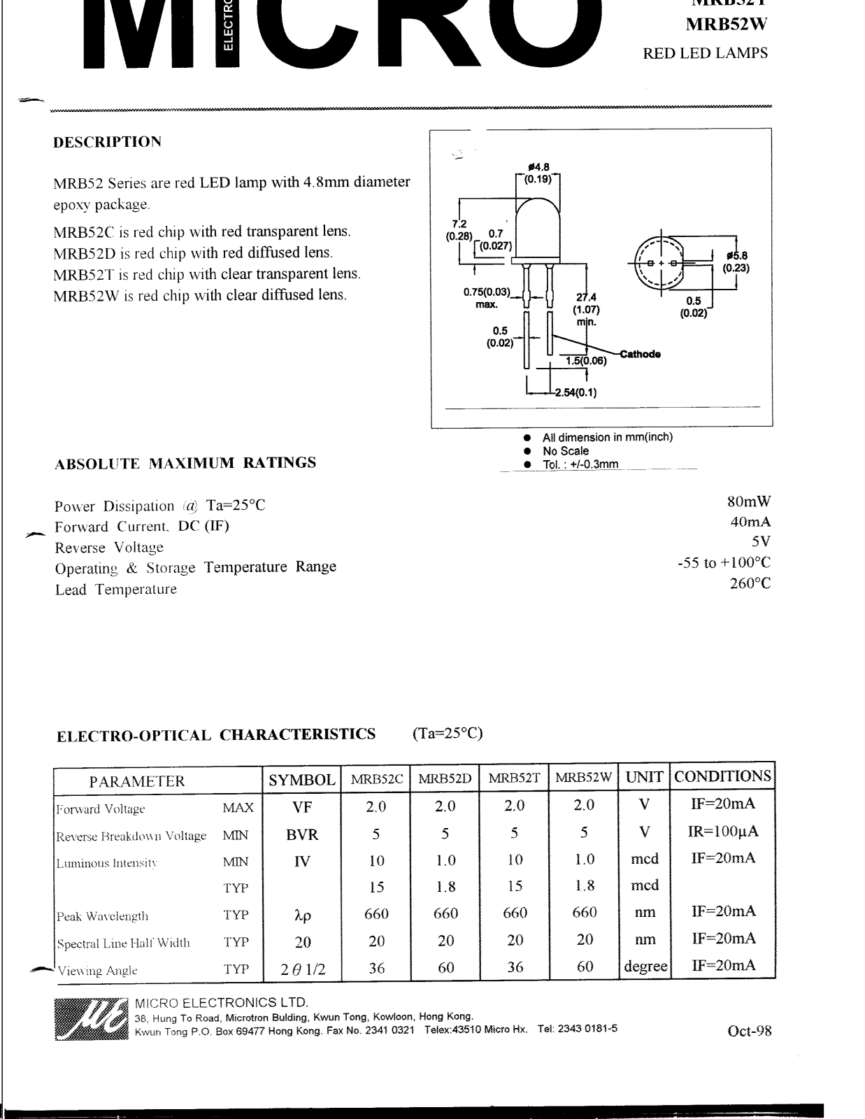 MICRO MRB52C, MRB52D, MRB52W, MRB52T Datasheet