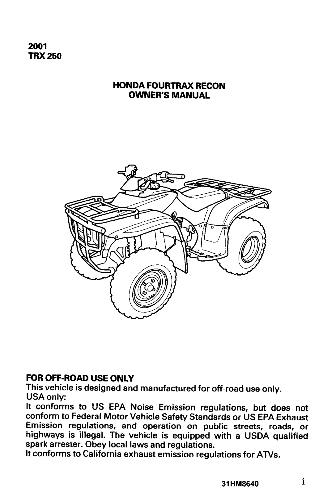 Honda TRX250 FOURTRAX RECON 2001 Owner's Manual