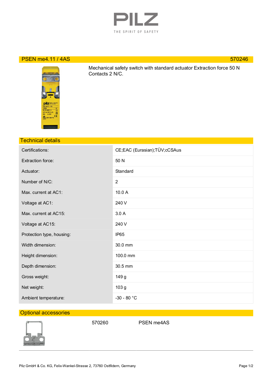 Pilz 570246 Data Sheet