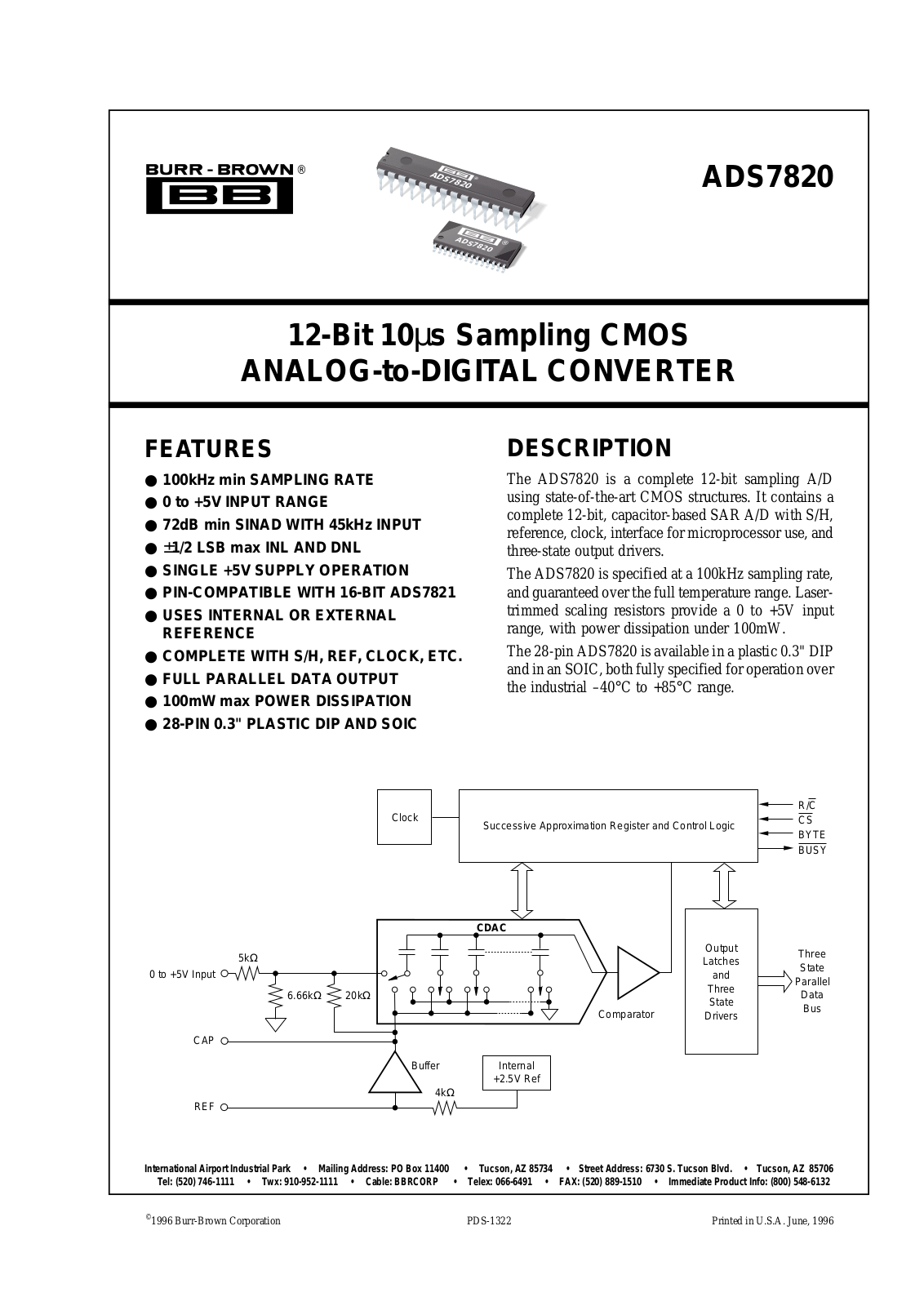 Burr Brown Corporation ADS7820UB-1K, ADS7820UB, ADS7820U-1K, ADS7820U, ADS7820PB Datasheet