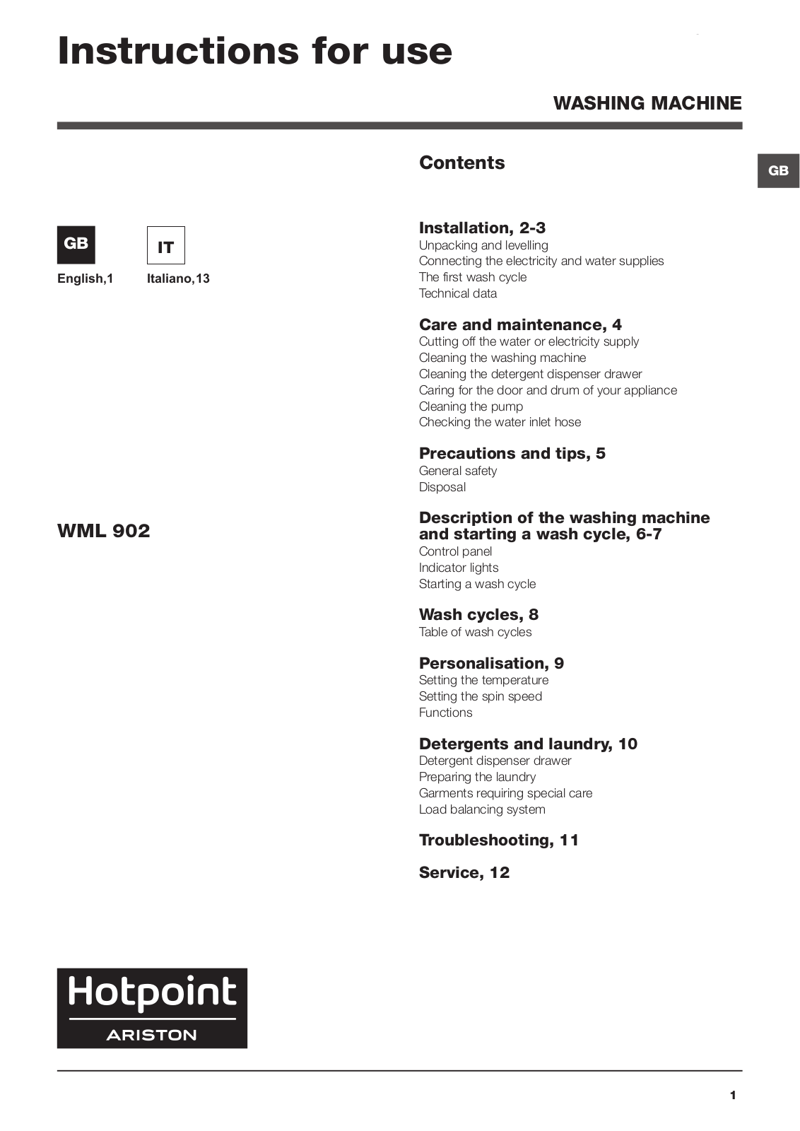 Hotpoint WML 902 EU User Manual