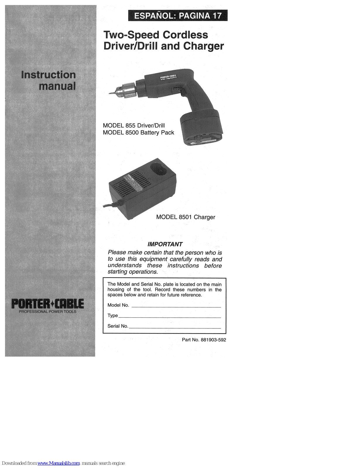 Porter-Cable 855, 8500, 8501 Instruction Manual