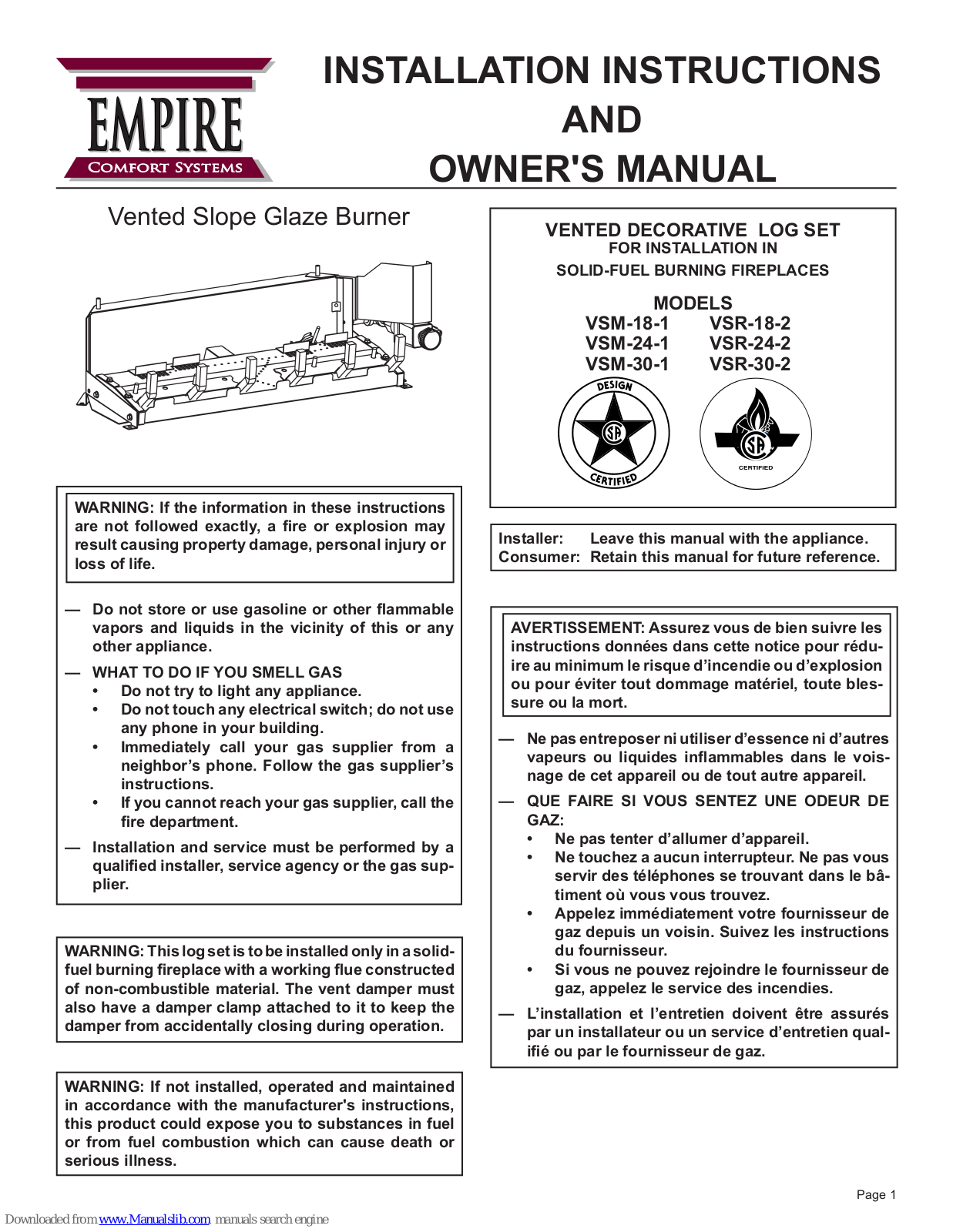 Empire VSM-18-1, VSM-24-1, VSR-18-2, VSR-24-2, VSM-30-1 Installation Instructions And Owner's Manual