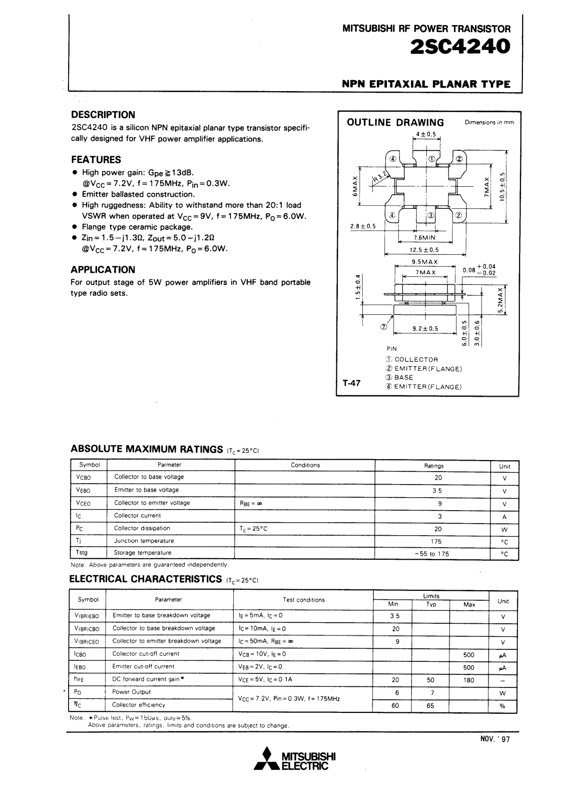 Mitsubishi Electric Corporation Semiconductor Group 2SC4240 Datasheet