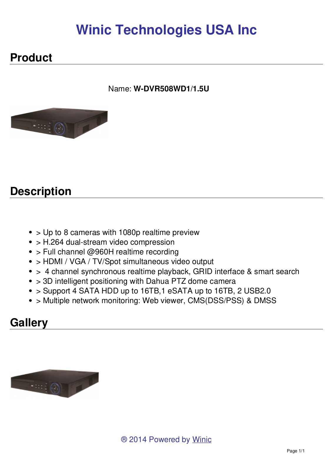 Cantek CT-W-DVR508WD1-1.5U Specsheet