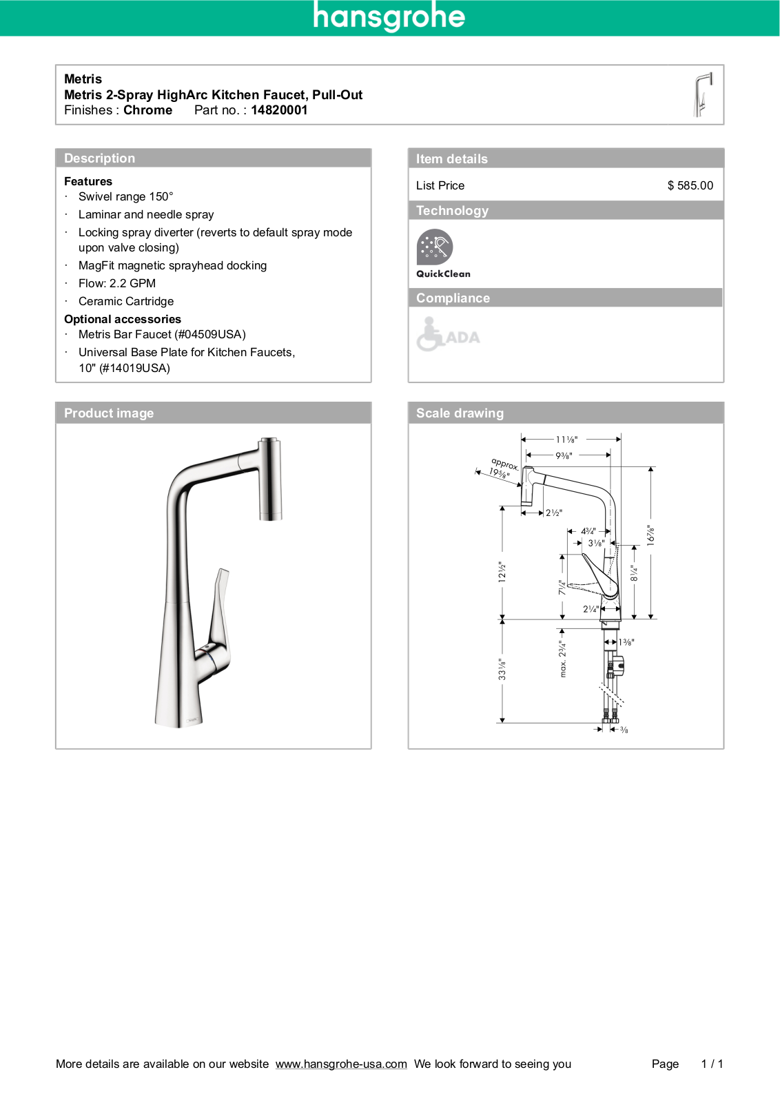 Hansgrohe 14820001 Specs