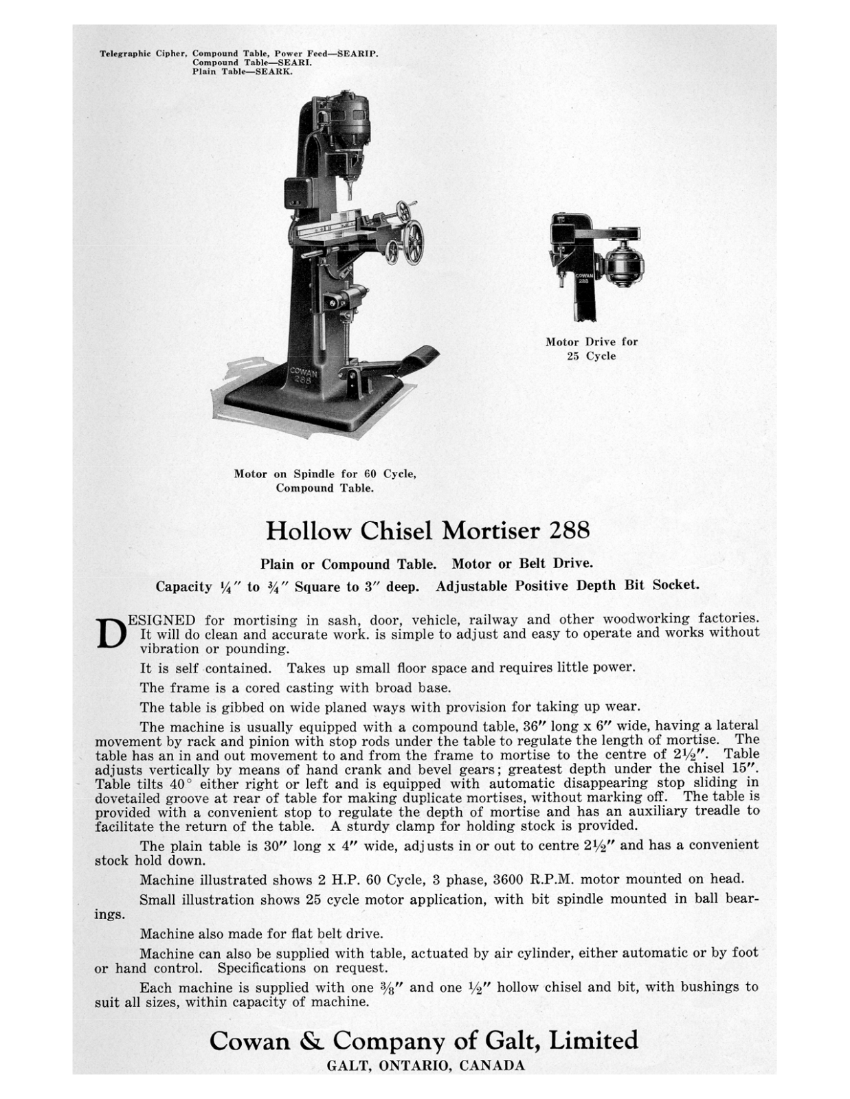 Cowan & Co. Hollow Chisel Mortiser 288 Mortisers - ManualMachine.com