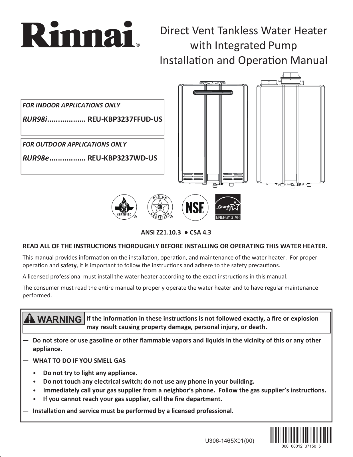 Rinnai Rice Cooker RUR98e (REU-KBP3237WD-US) Installation  Manual